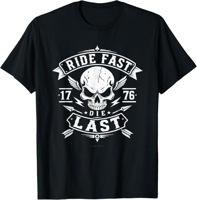 T-shirt con grafica “Motociclista Uomo Teschio Moto Ride Fast Die Last”